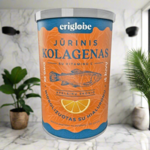 Jūrinis KOLAGENAS su hialuronu ir vitaminu C apelsinų skonio maisto papildu. 30 porcijų