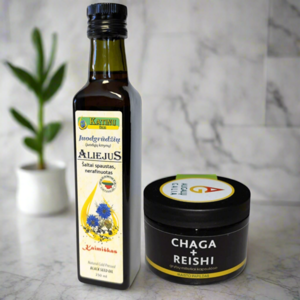 Juodgrūdės aliejus +Čaga su Reishi kapsulės